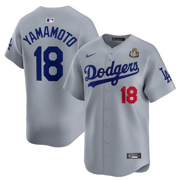 Los Angeles Dodgers #18 Yoshinobu Yamamoto Gray 2024 World Series Alternate Limited Stitched Jersey - Click Image to Close